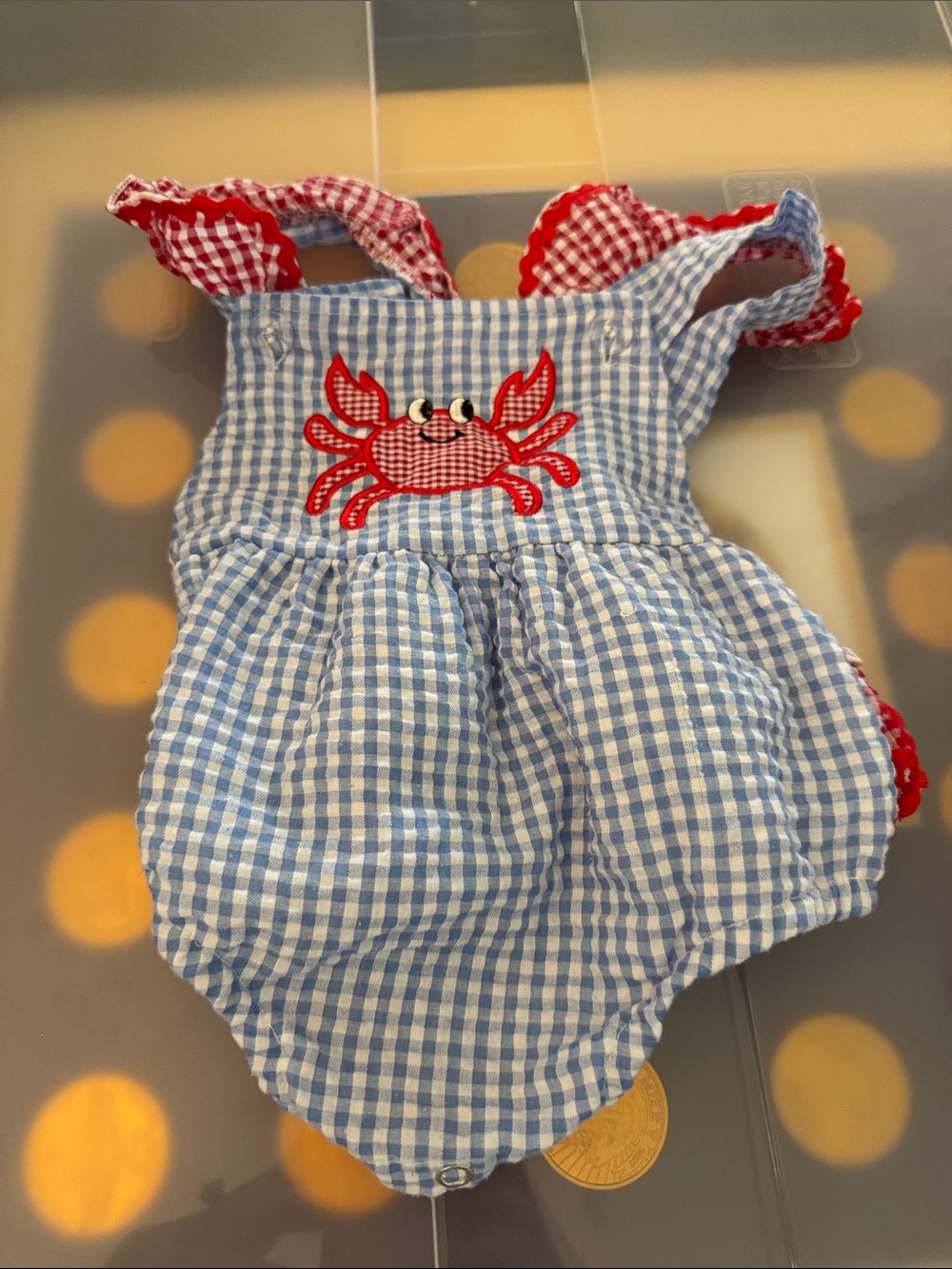 Blue Gingham Baby Romper with Red Crab Applique